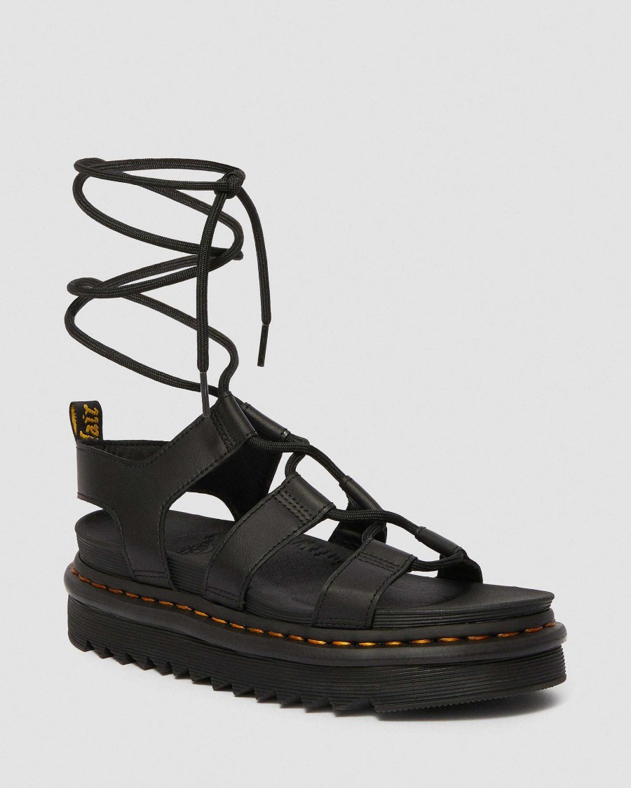 Le Signore Dr. Martens Sandalo Con Plateau | Sandali Gladiatore Stringati Nartilla Hydro In Pelle Nero Idro