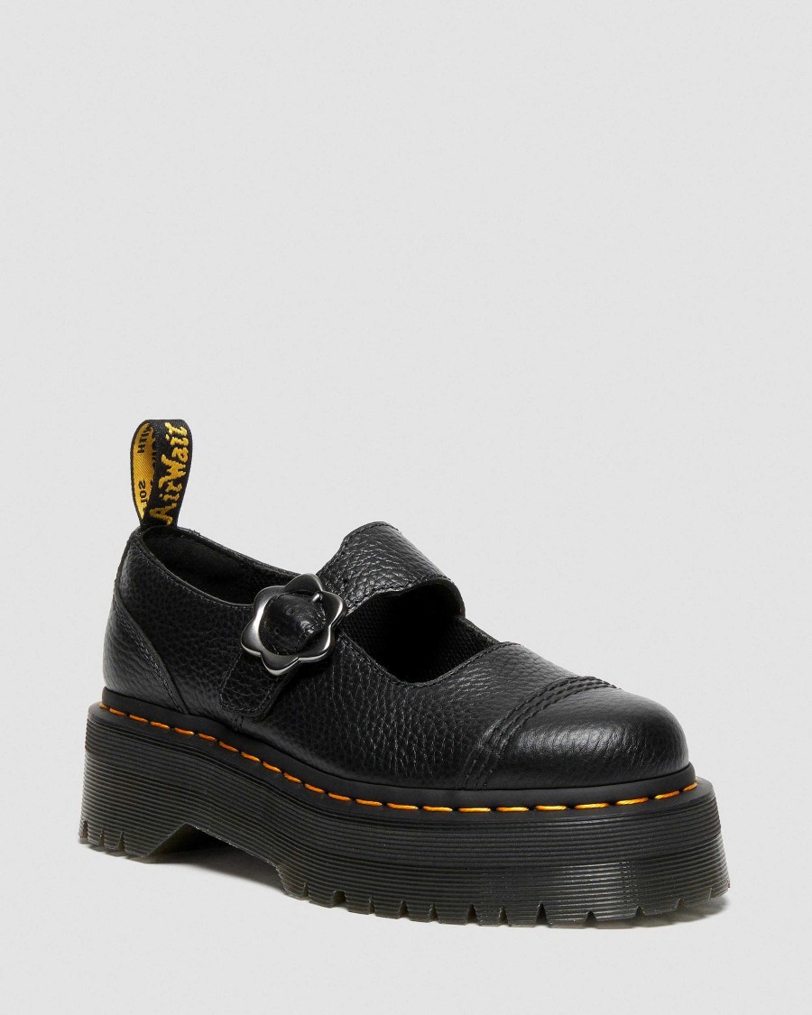 Le Signore Dr. Martens Scarpe Con Plateau | Piattaforme In Pelle Con Fibbia A Fiore Addina Musta: Nappa Macinata